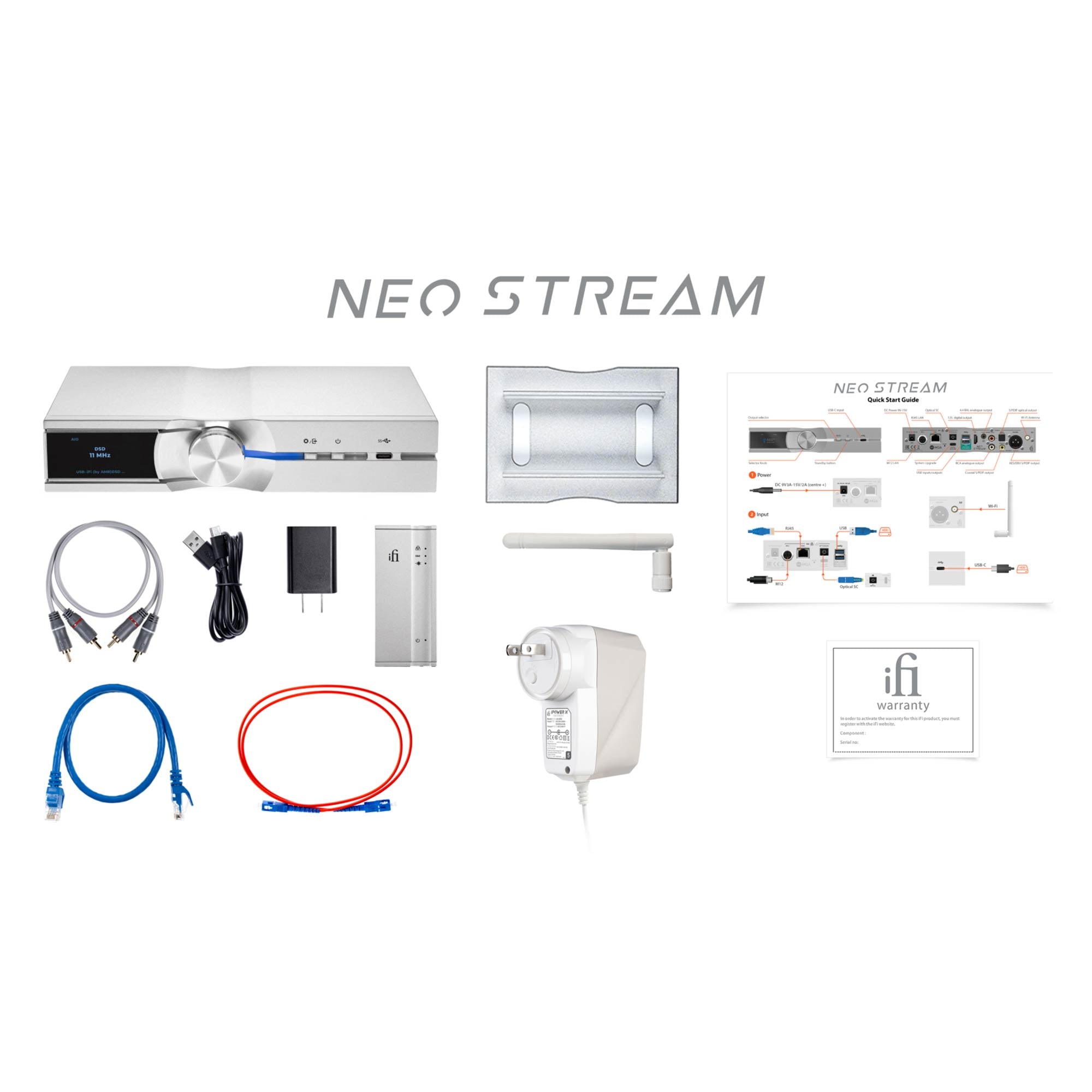 iFi Audio NEO Stream Ultra-Res Network Audio Streamer with accessories and setup guides on white background