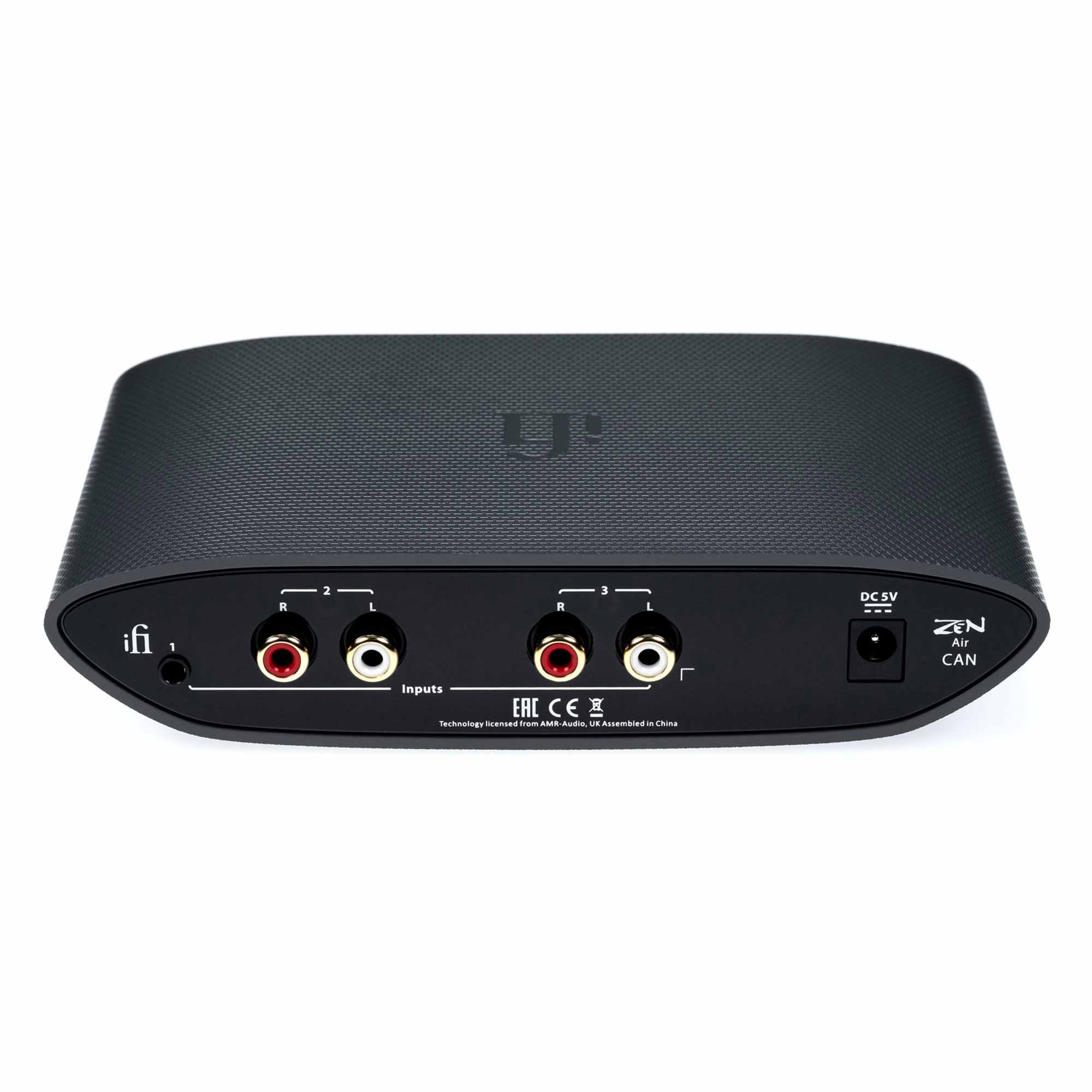 Rear view of iFi Audio ZEN Air CAN  Headphone Amp showing multiple RCA input ports and power connection on white background