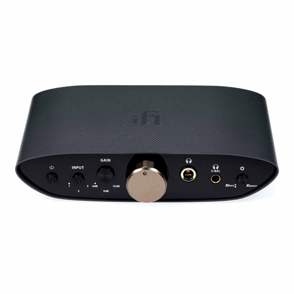 Front view of the iFi Audio ZEN Air CAN  Headphone Amp with control knob and multiple input options on white background