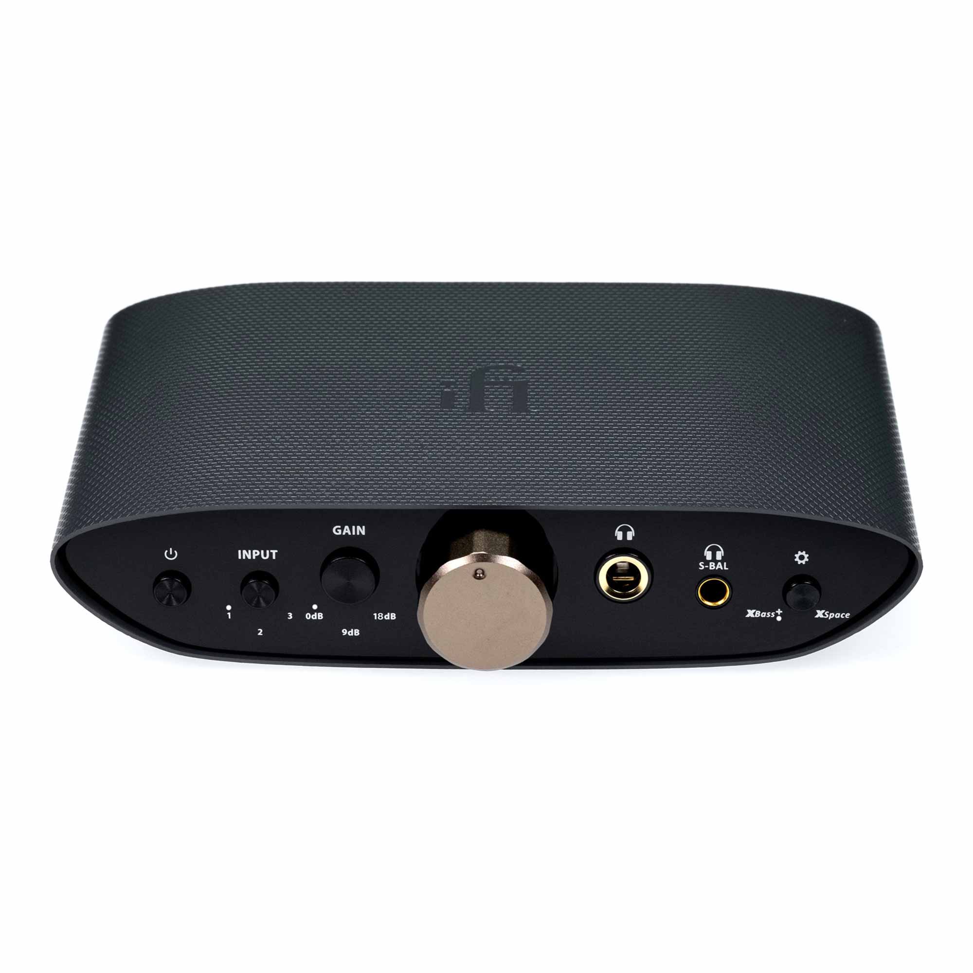 Front view of the iFi Audio ZEN Air CAN  Headphone Amp with control knob and multiple input options on white background