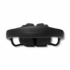 Top view of black Campfire Cascade closed back headphones with padded headband and embossed logo on white background