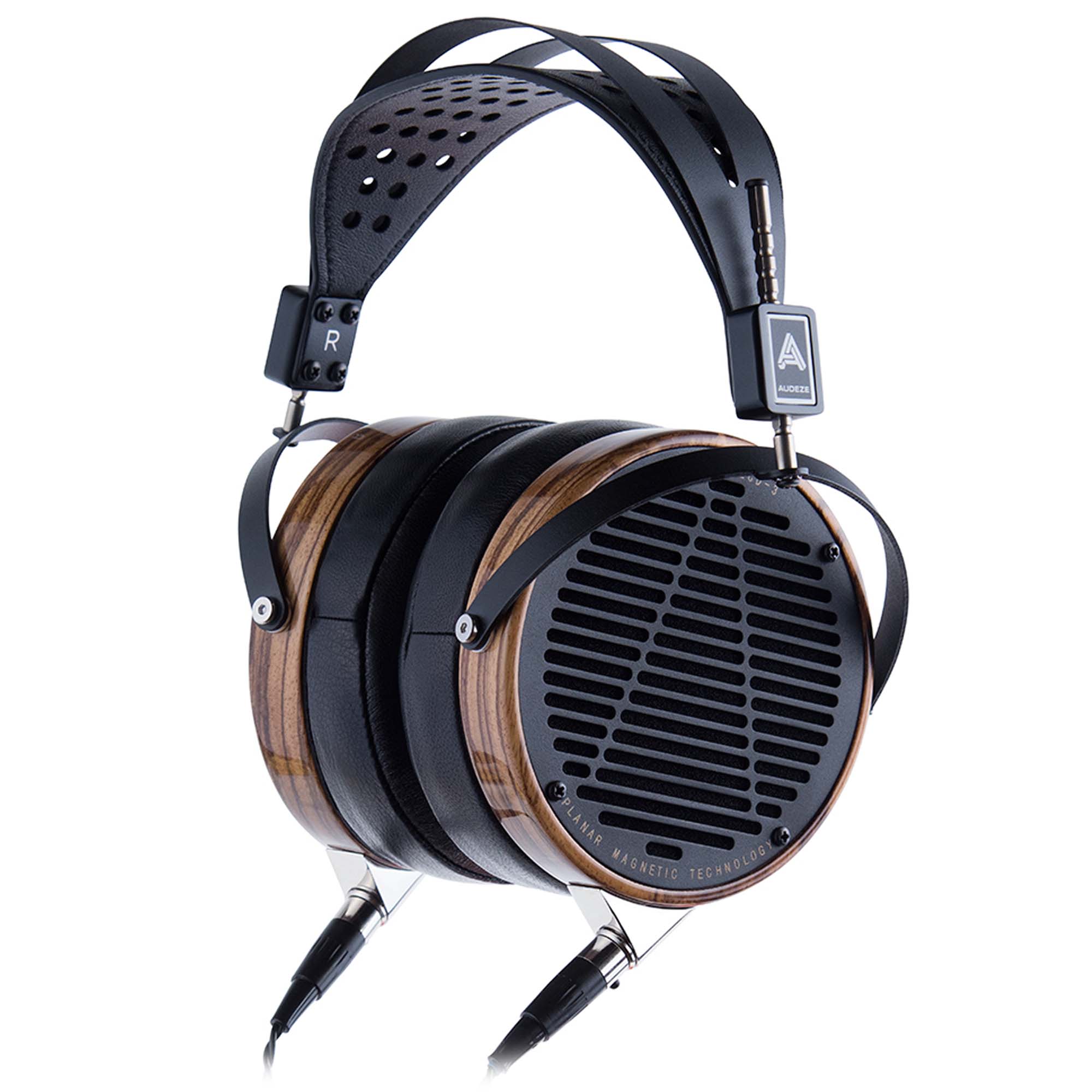 Audeze LCD-3 • Zebrawood open-back planar magnetic headphones with wooden ear cups and black metal frame on white background