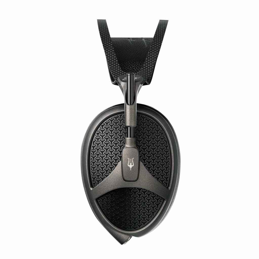 Close-up of the Meze Elite open back planar magnetic headphone ear cup with textured grille design on white background