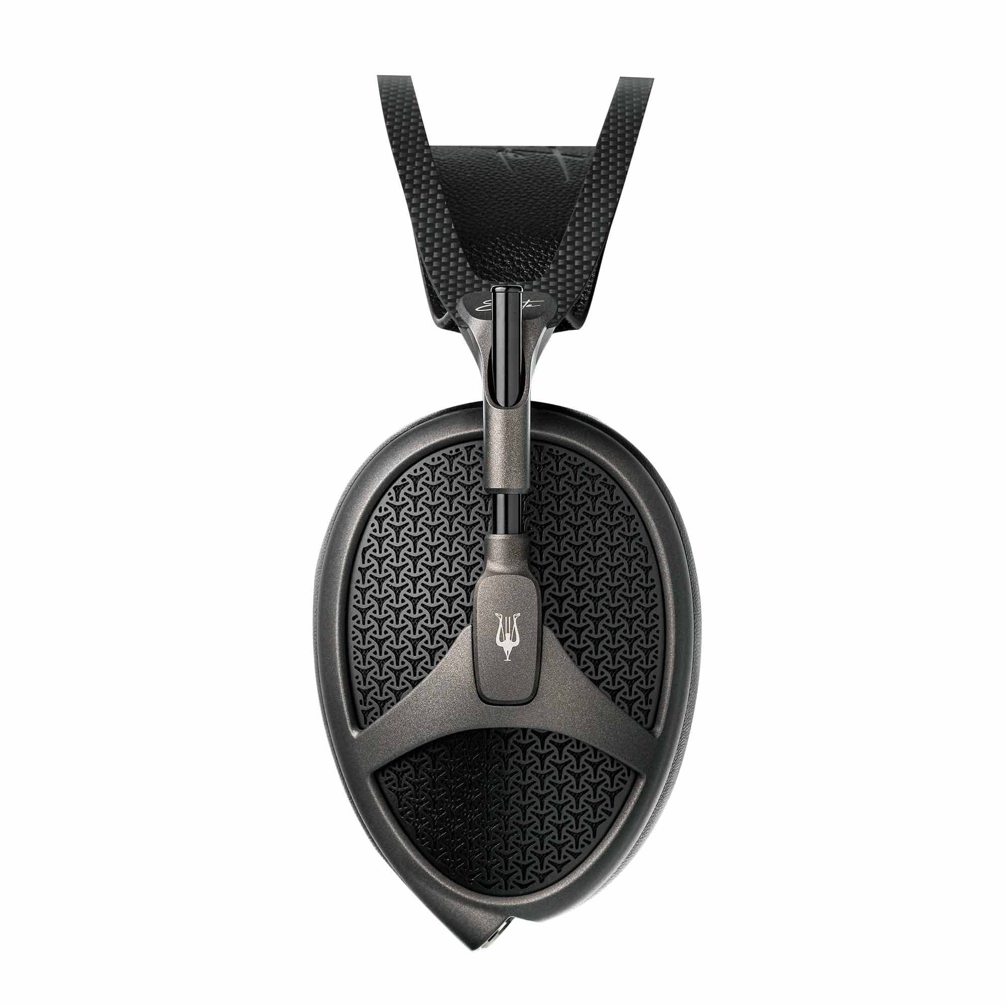 Close-up of the Meze Elite open back planar magnetic headphone ear cup with textured grille design on white background