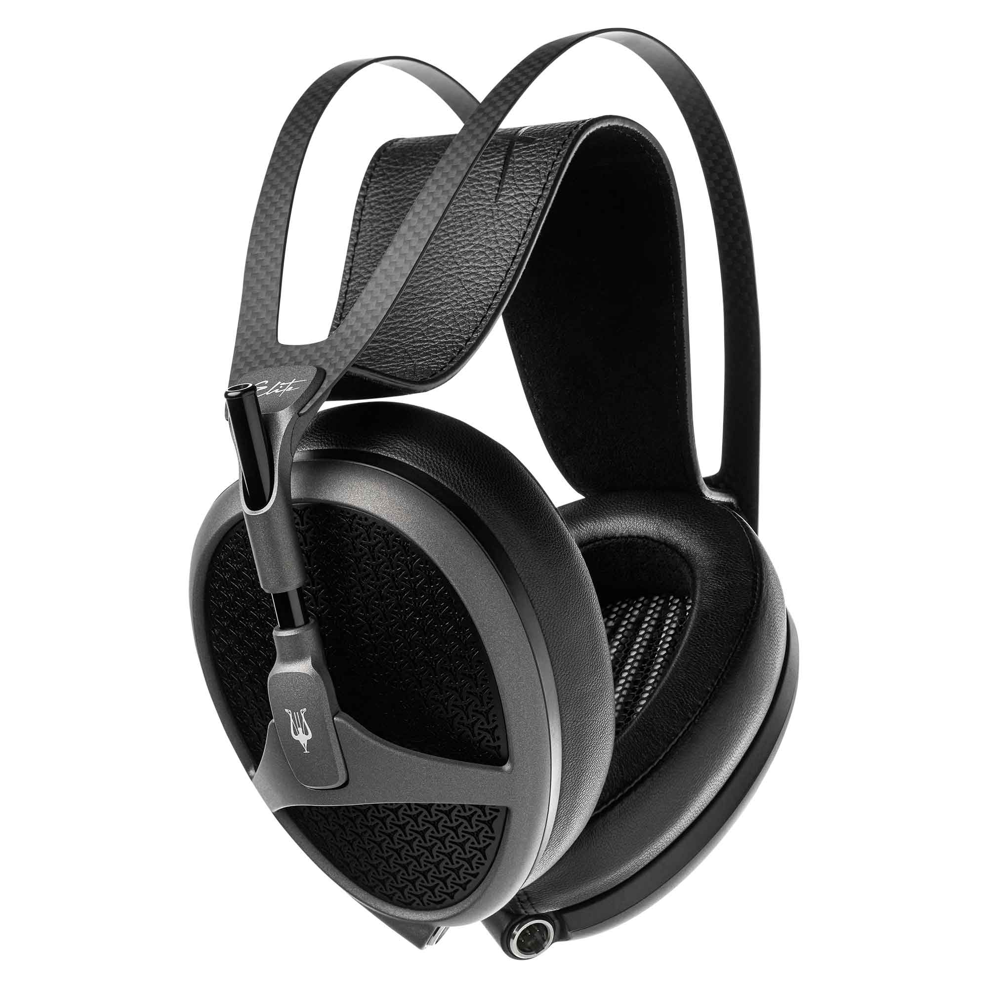 Meze Elite open back planar magnetic headphones with padded leather headband and black ear cups on white background