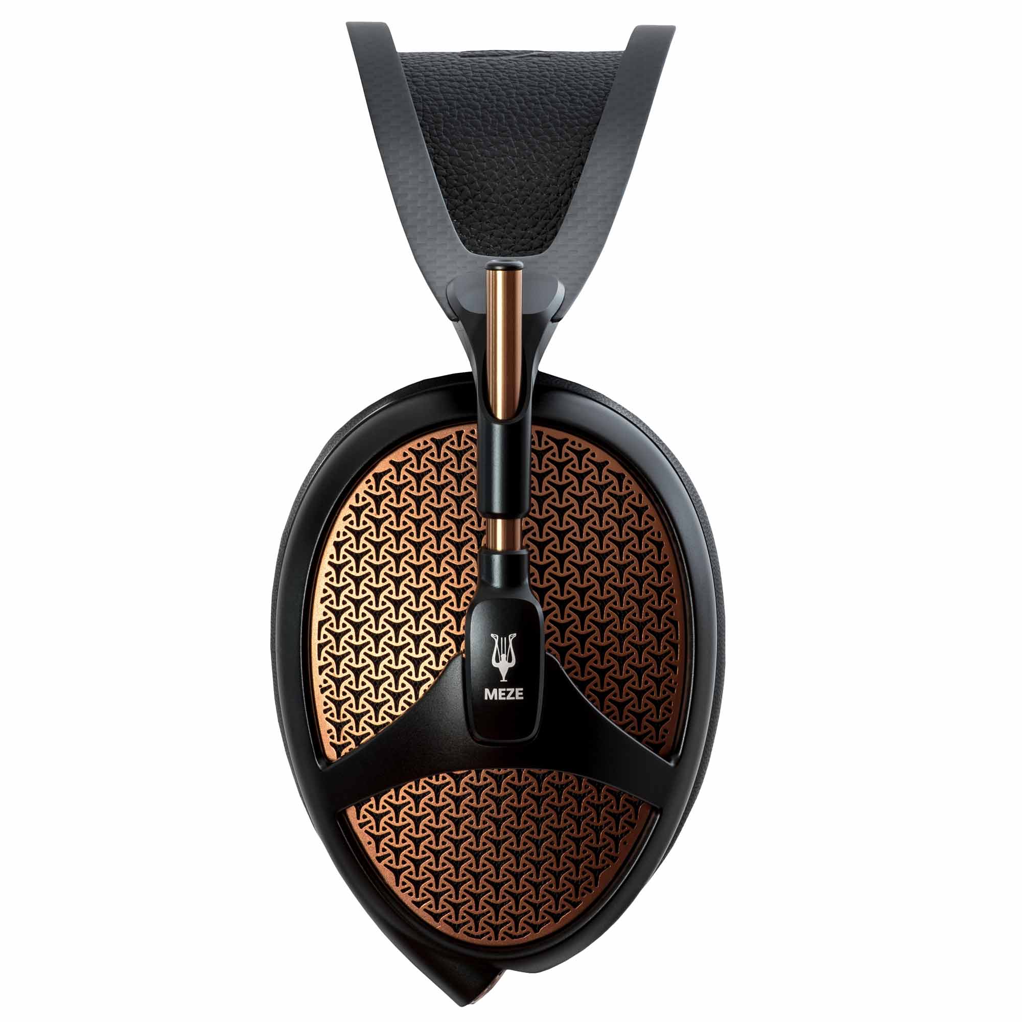 Close-up of the Meze Empyrean open back headphone ear cup with intricate copper grille and black leather headband