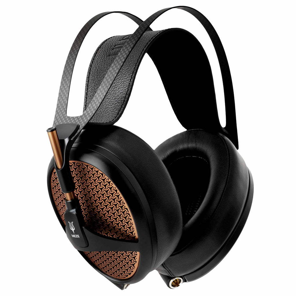 Meze Empyrean open back planar magnetic headphones with black ear cups and copper accent grille on white background