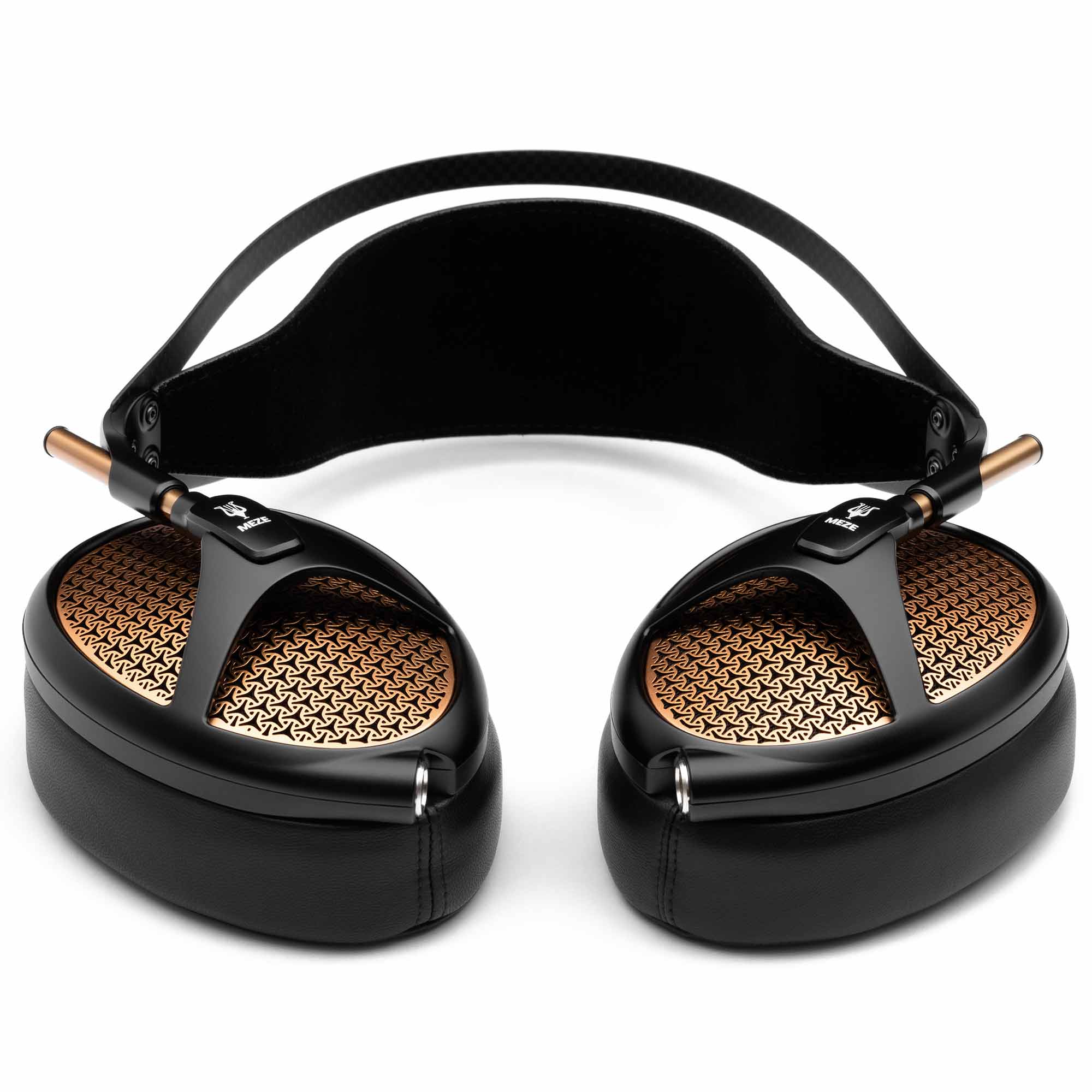 Meze Empyrean open-back headphones with black frame and distinctive copper grille pattern on white background