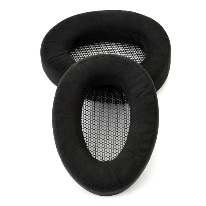 Pair of black Meze Elite / Empyrean Earpads with mesh inner lining for replacement or customization use