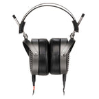 Front view of Audeze MM-500 open back planar magnetic headphones with thick black ear pads and metal frame on white background