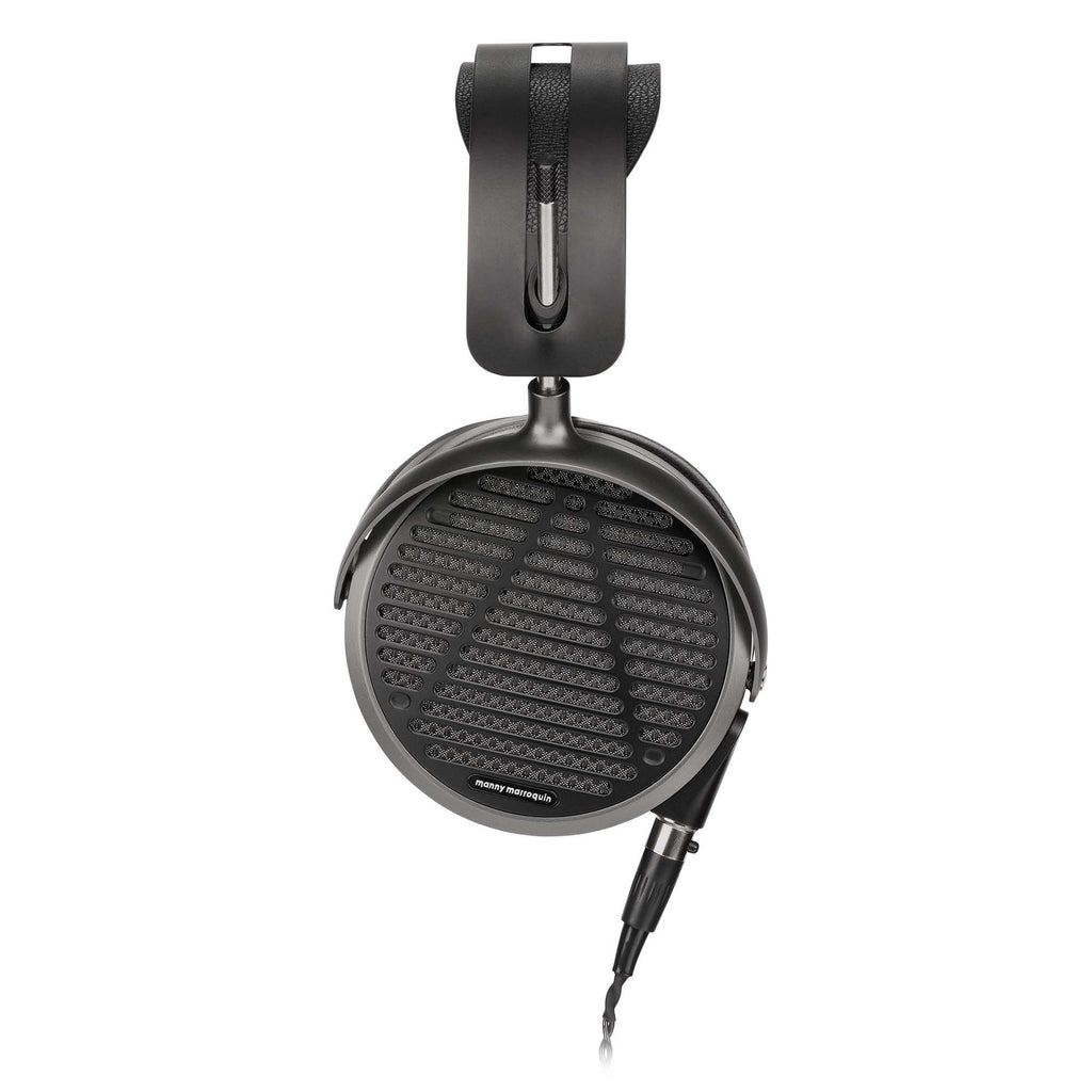 Audeze MM-500 open back planar magnetic headphone with black grille and braided cable angled view on white background