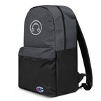 Side view of HeadAmp Embroidered Champion Backpack in black and gray with embroidered headphone logo and Champion patch on front pocket