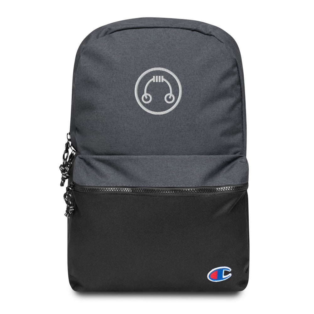 Front view of HeadAmp Embroidered Champion Backpack in gray and black with embroidered logos and zippered front pocket