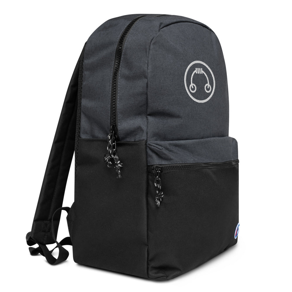 HeadAmp Embroidered Champion Backpack in black and gray with front pocket and embroidered logo on white background