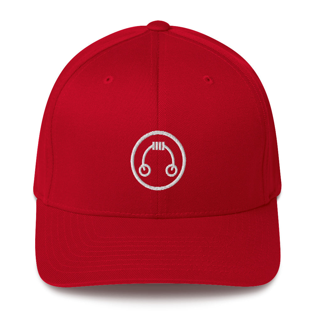 Front view of HeadAmp Embroidered Fitted Cap in red with white embroidered logo on structured six-panel design