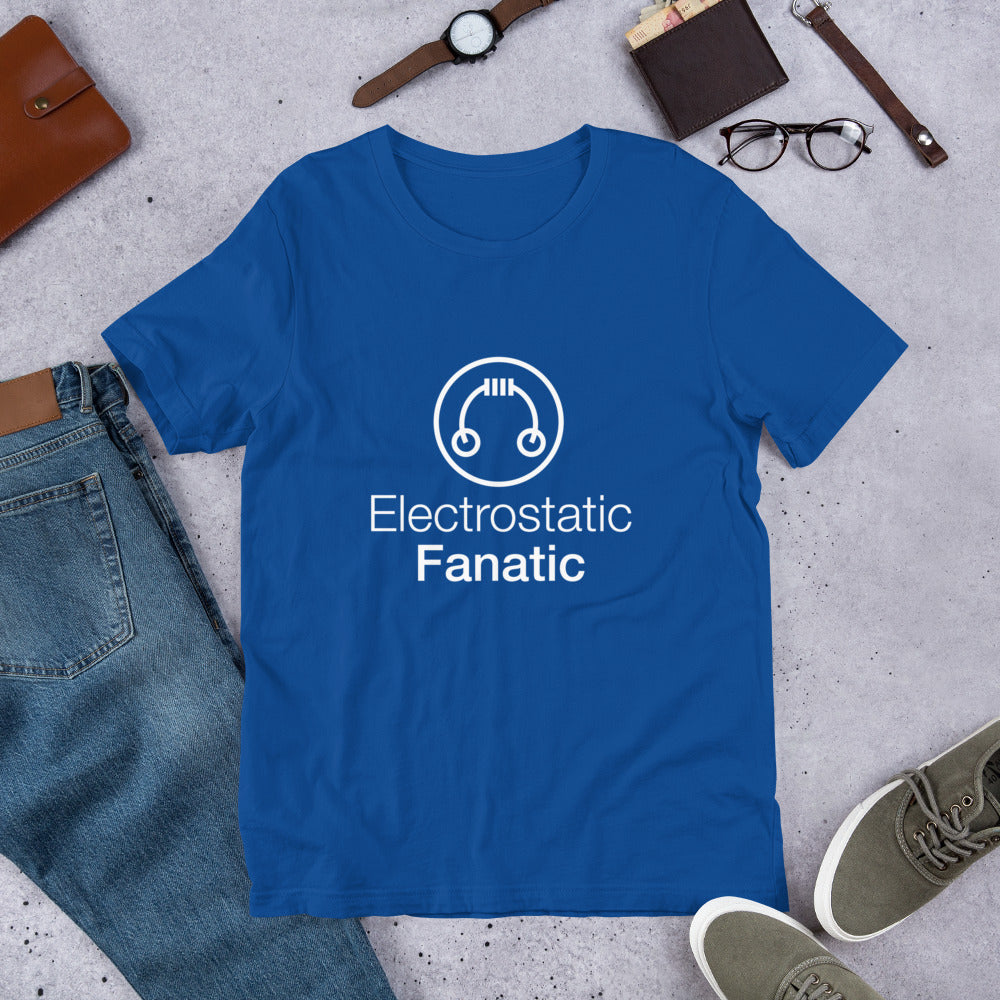 HeadAmp Electrostatic Fanatic T-Shirt in blue with white logo laid flat with jeans shoes watch glasses on gray surface