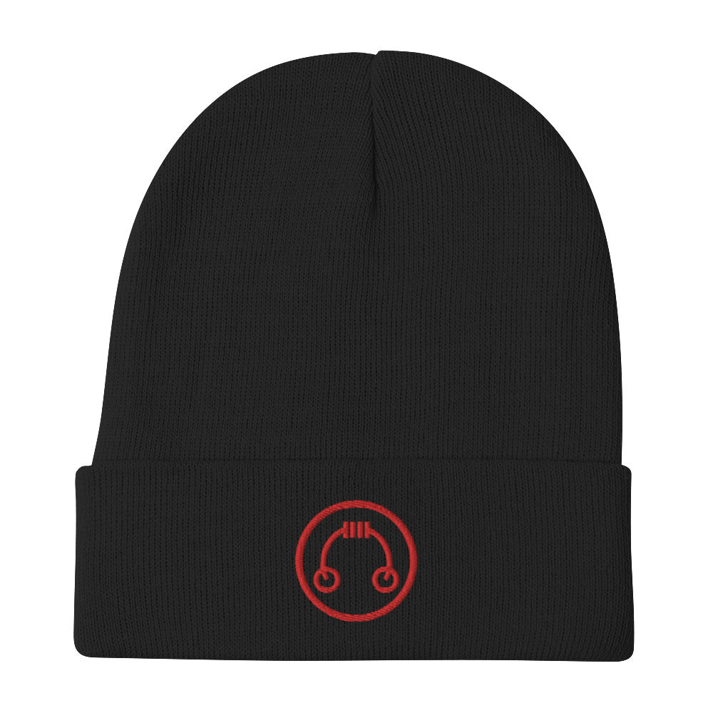 Black HeadAmp Embroidered Logo Beanie with red circular logo embroidered on the front cuff in a simple style