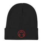 Black HeadAmp Embroidered Logo Beanie with red circular logo embroidered on the front cuff in a simple style