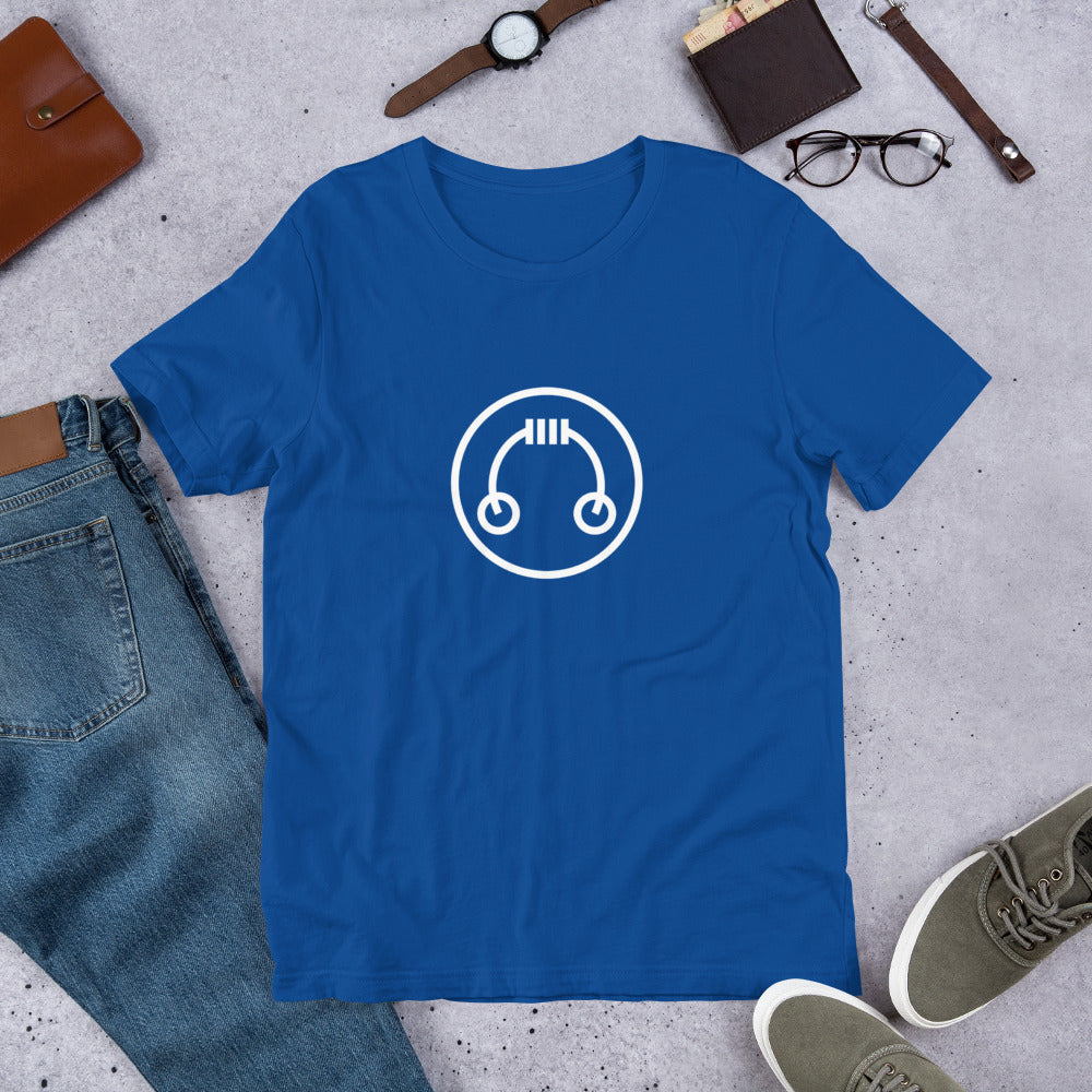 Blue HeadAmp Logo T-Shirt laid flat surrounded by casual accessories including jeans, shoes, watch, and glasses