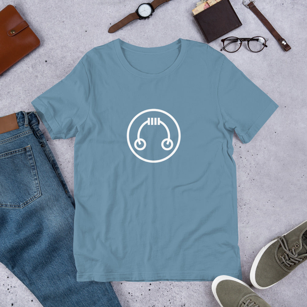 Light blue HeadAmp Logo T-Shirt with white circular logo laid flat with jeans, sneakers, watch, glasses, and wallet nearby