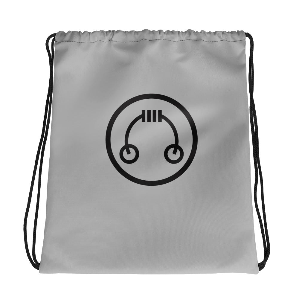 Gray HeadAmp Drawstring Bag with black logo centered, featuring black drawstring straps and top closure on white background