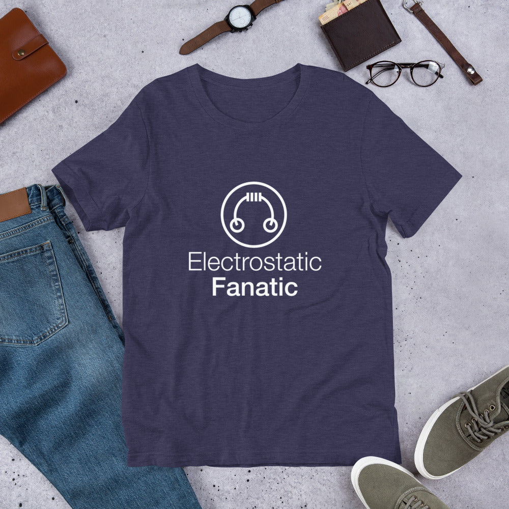 HeadAmp Electrostatic Fanatic T-Shirt in navy blue with white logo on flat lay with jeans, shoes, and accessories
