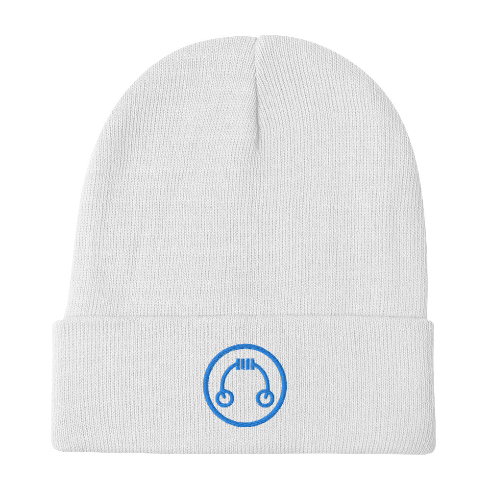 White HeadAmp Embroidered Logo Beanie with blue circular embroidered logo on folded cuff against white background