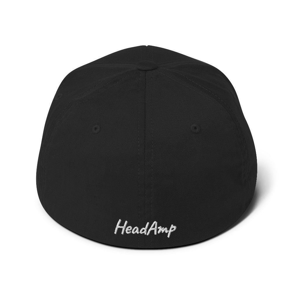 Back view of black HeadAmp Embroidered Fitted Cap with white embroidered logo and elastic stretch band on white background