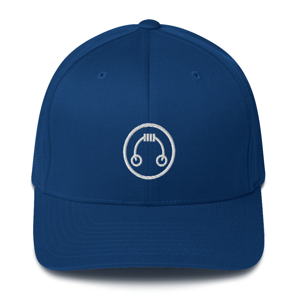 Front view of HeadAmp Embroidered Fitted Cap in blue with white embroidered logo and curved visor