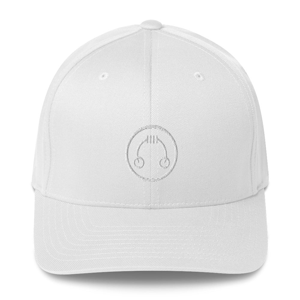 Front view of a white HeadAmp Embroidered Fitted Cap with subtle logo embroidery and structured six-panel design