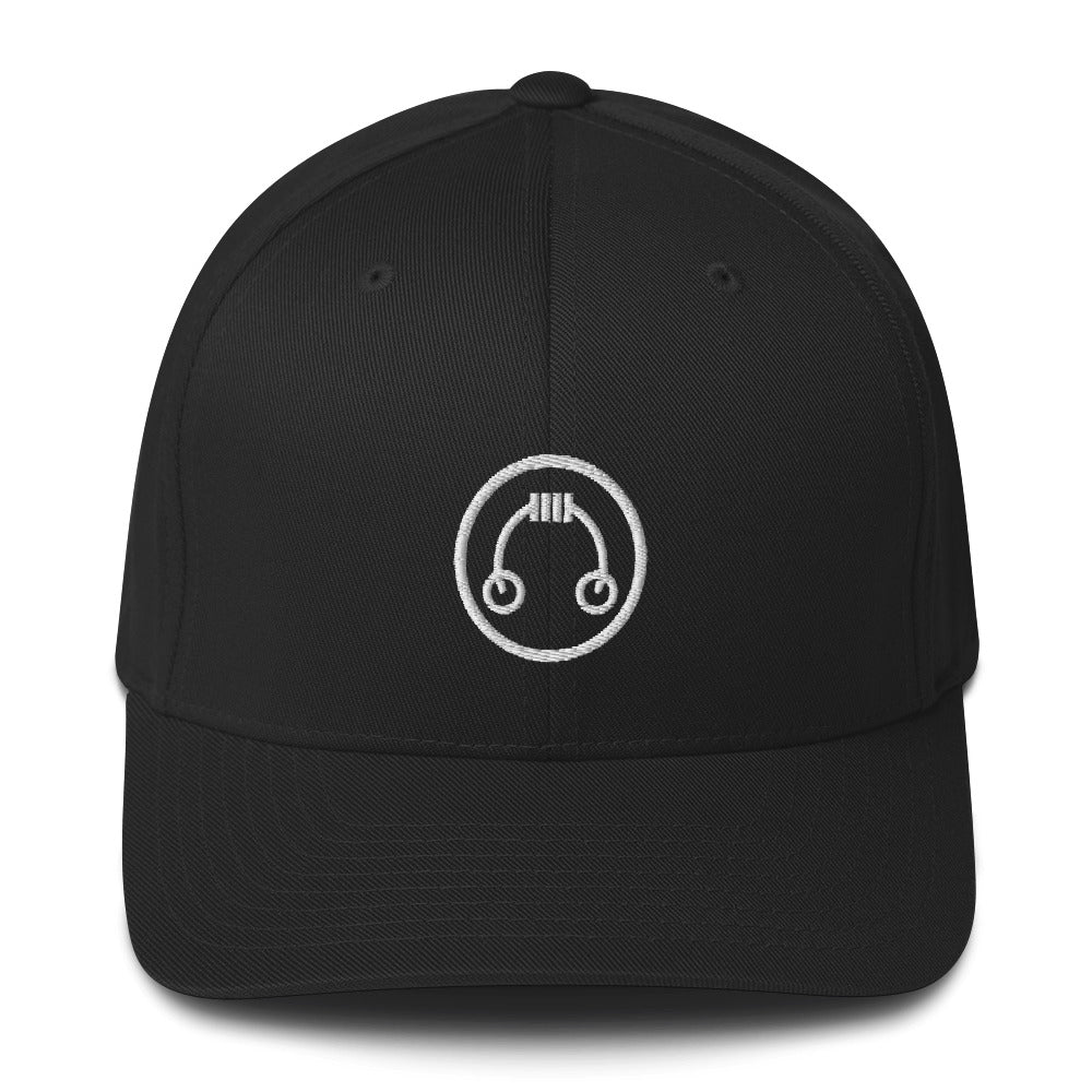 Front view of a black HeadAmp Embroidered Fitted Cap with curved visor and white embroidered logo