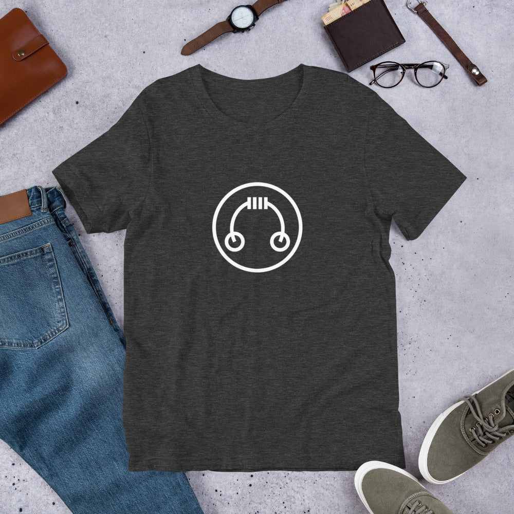 Flat lay of a dark gray HeadAmp Logo T-Shirt styled with casual jeans, shoes, watch, glasses, and wallet accessories