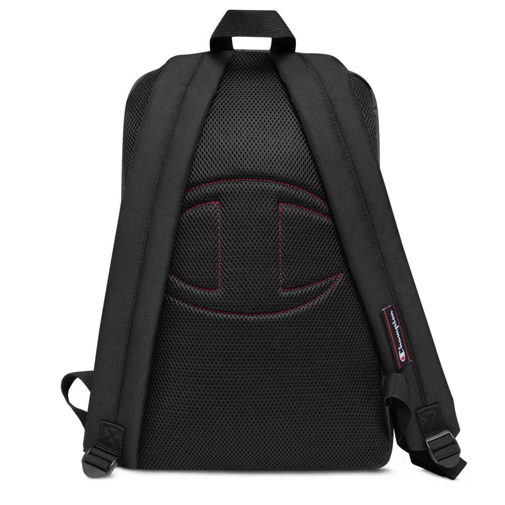 Back view of HeadAmp Embroidered Champion Backpack in black with padded straps and embroidered logo on mesh fabric panel