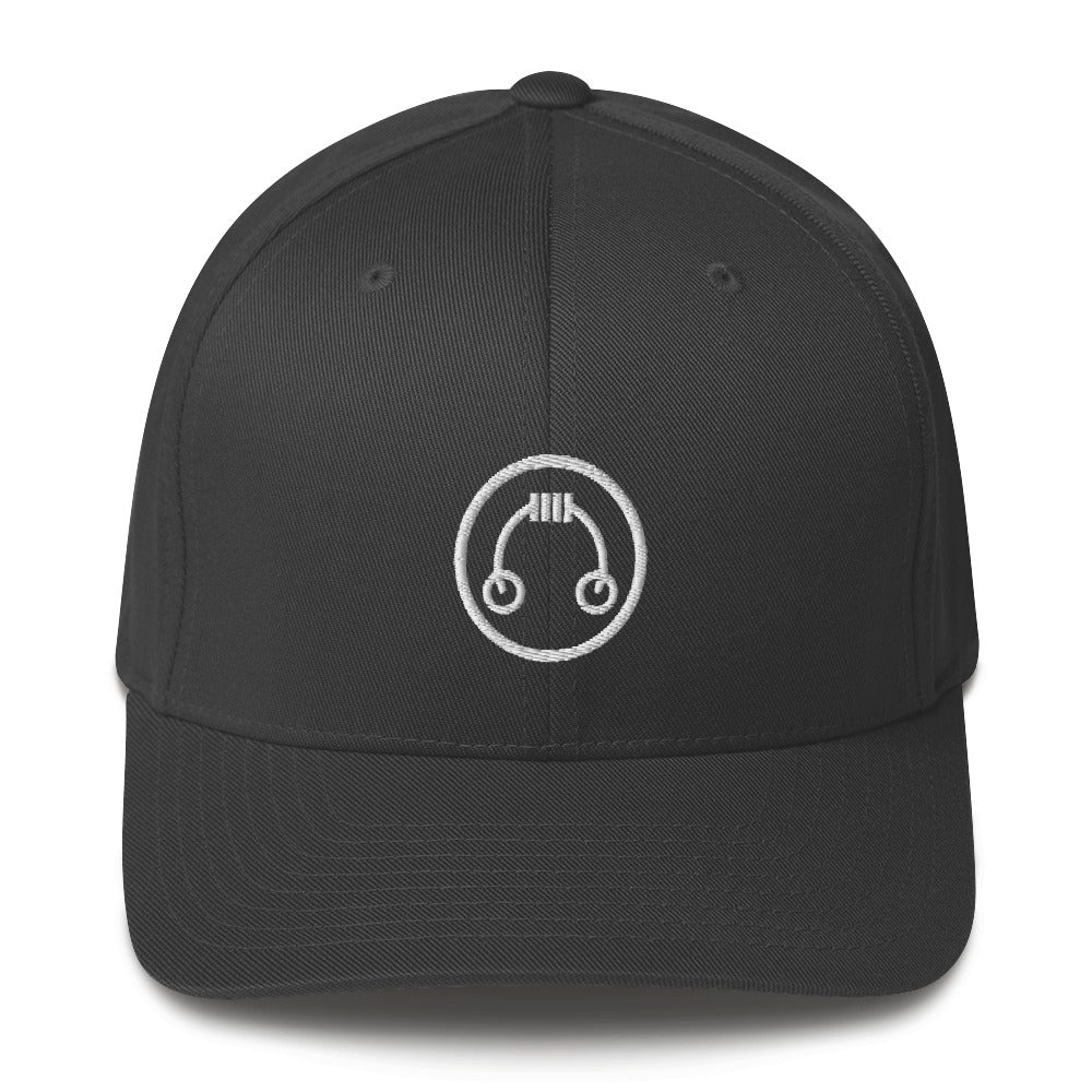 Front view of black HeadAmp Embroidered Fitted Cap with white embroidered logo and curved visor
