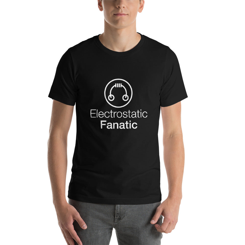 Male model wearing a black HeadAmp Electrostatic Fanatic T-Shirt with white design on front