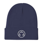 HeadAmp Embroidered Logo Beanie in navy blue with white embroidered circular logo on folded cuff close-up view