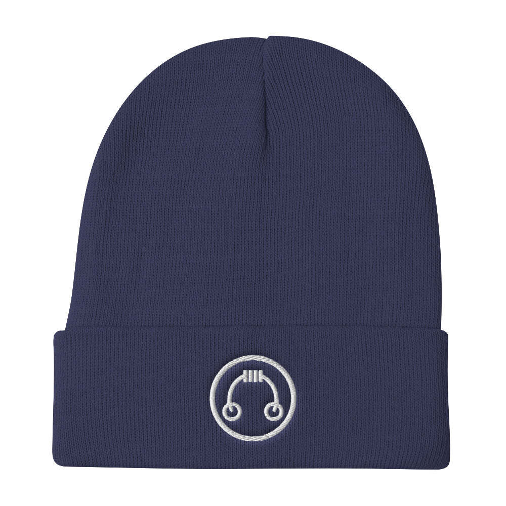 HeadAmp Embroidered Logo Beanie in navy blue with white embroidered circular logo on folded cuff close-up view