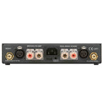 Rear view of Mytek Brooklyn AMP+ stereo amplifier showing balanced and speaker output connectors on white background