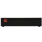 Front view of the Mytek Brooklyn AMP+ black stereo amplifier with illuminated red logo on a white background