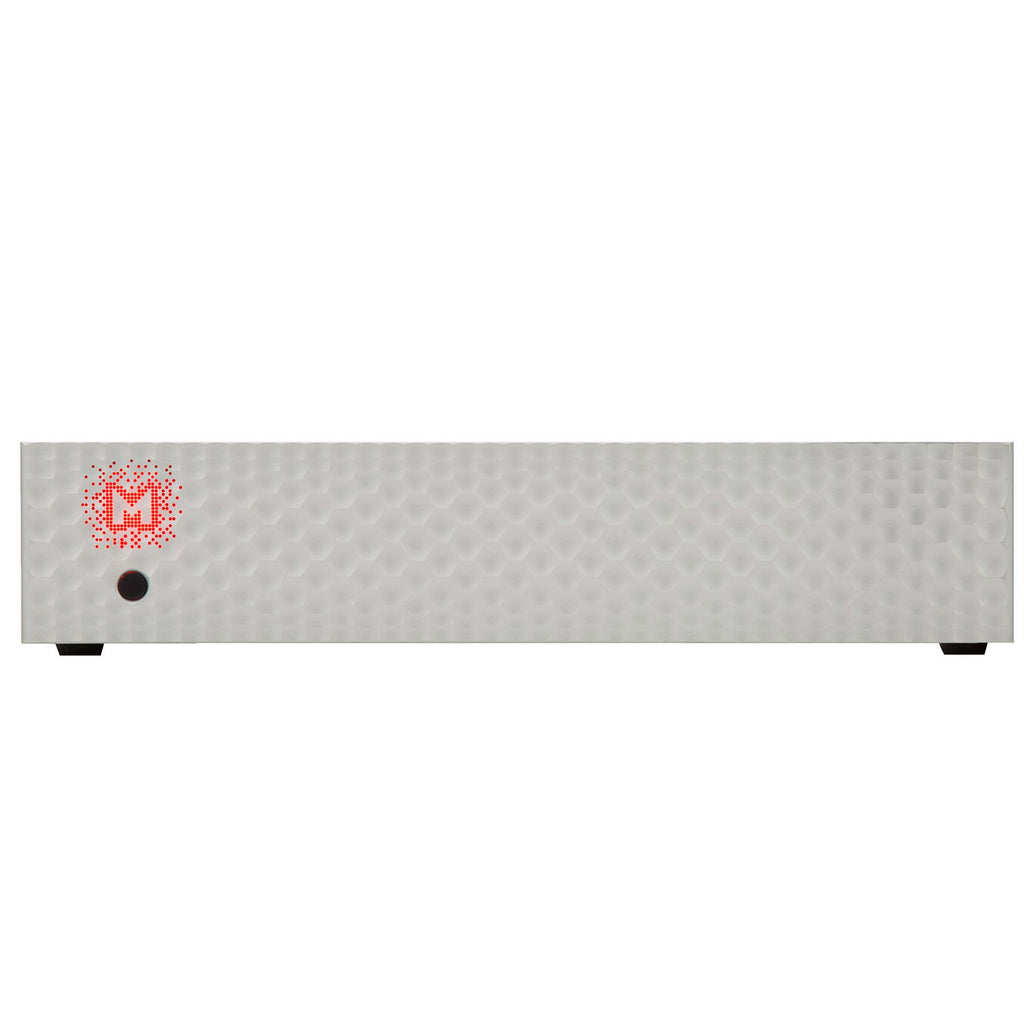 Front view of the Mytek Brooklyn AMP+ stereo amplifier with textured silver faceplate and red logo light on white background