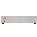 Front view of the Mytek Brooklyn AMP+ stereo amplifier with textured silver faceplate and red logo light on white background