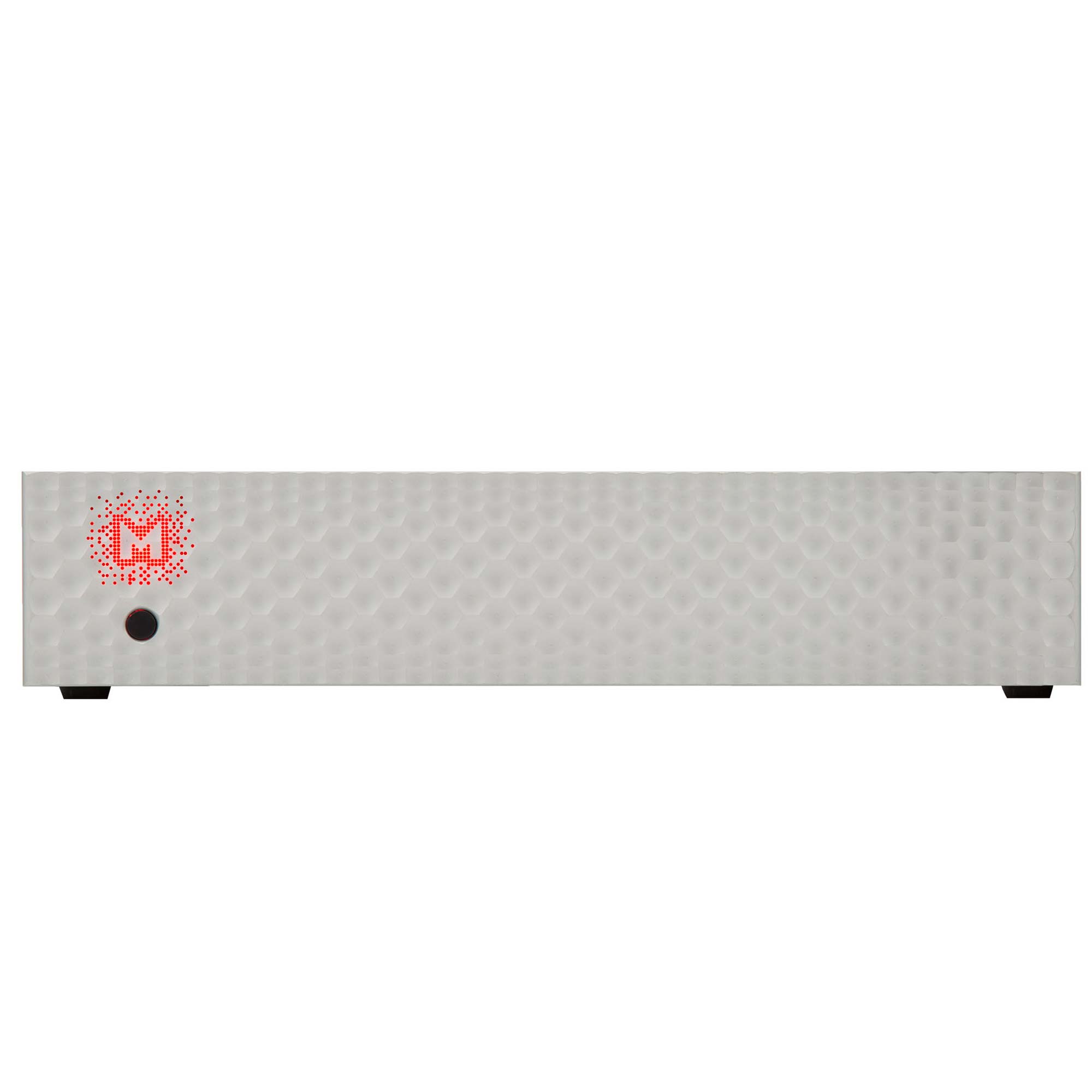 Front view of the Mytek Brooklyn AMP+ stereo amplifier with textured silver faceplate and red logo light on white background