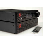 Mytek Brooklyn AMP+ stereo amplifier with textured front panel, digital display, headphone jacks, and remote control on white background