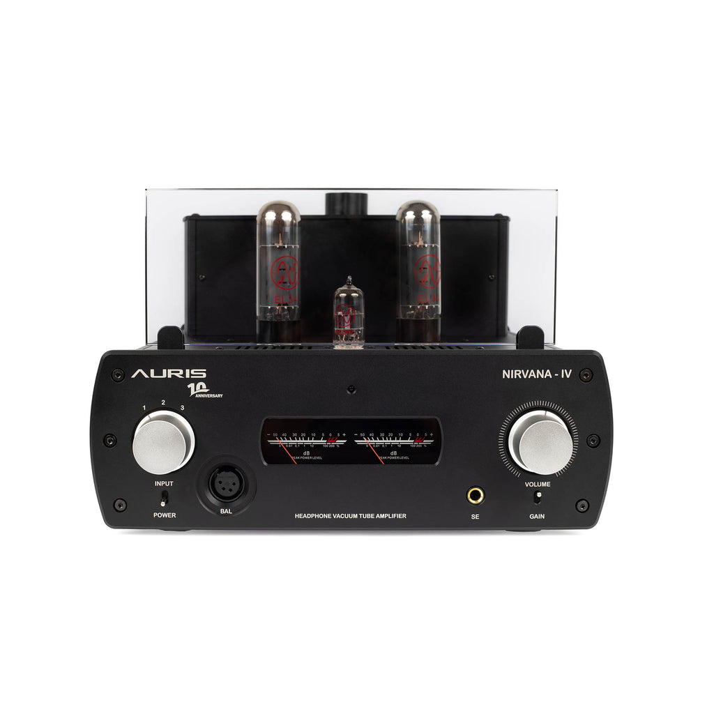 Front view of Auris Audio Nirvana IV Tube Headphone Amplifier with glowing tubes and control knobs on white background