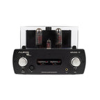 Front view of Auris Audio Nirvana IV Tube Headphone Amplifier with glowing tubes and control knobs on white background