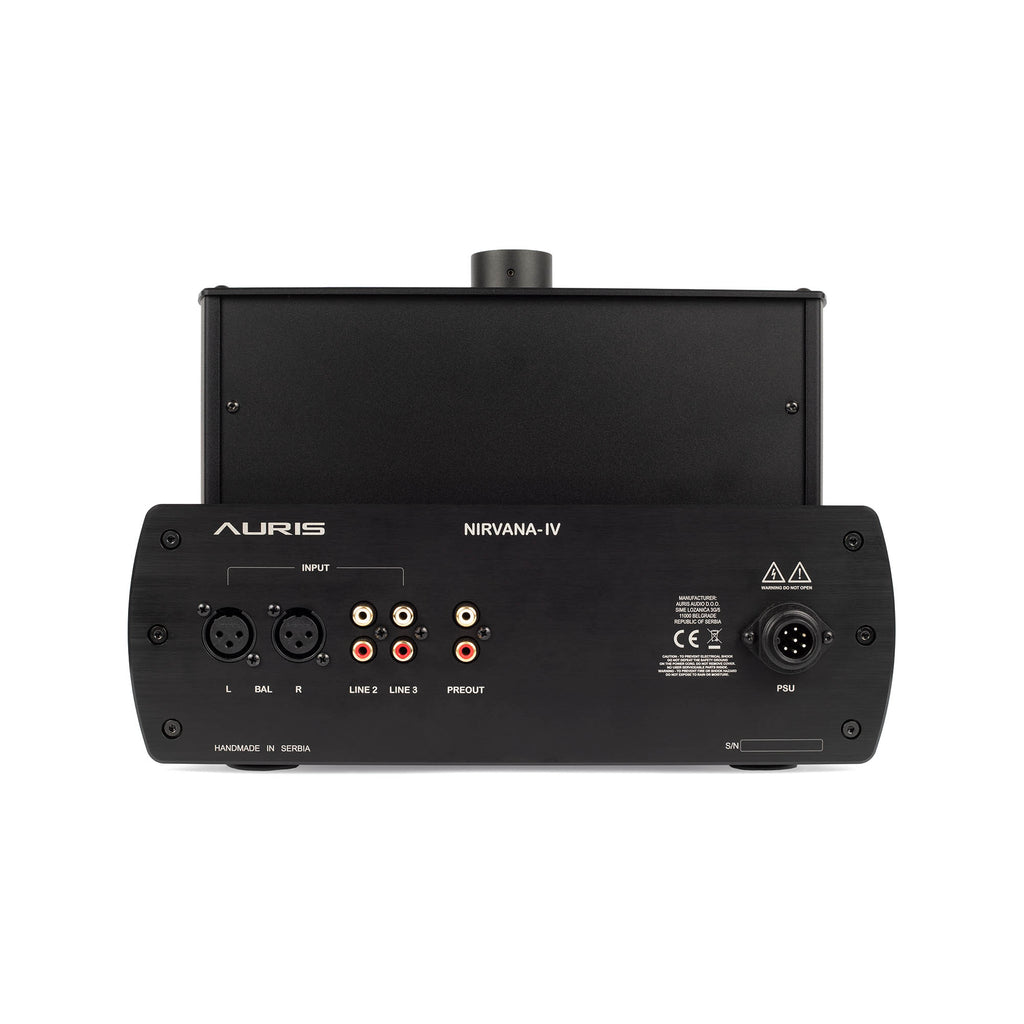 Rear view of Auris Audio Nirvana IV Tube Headphone Amplifier showing balanced and RCA inputs on white background