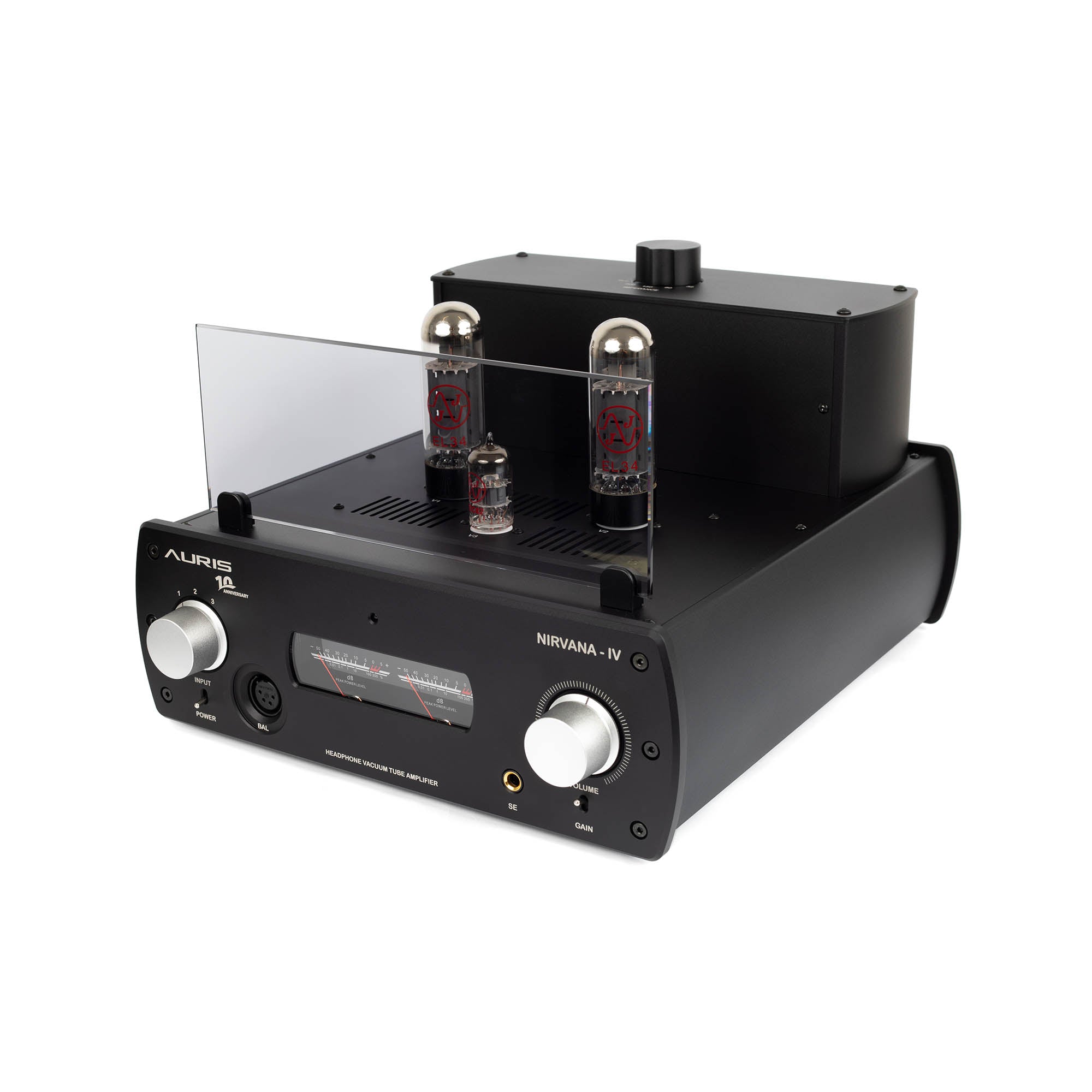Auris Audio Nirvana IV Tube Headphone Amplifier with EL34 tubes and control knobs on a white background