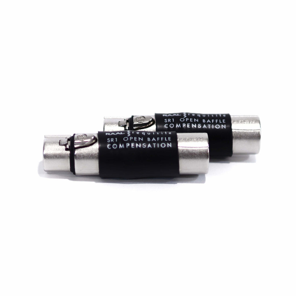 RAAL-requisite Open-Baffle Compensation Barrels for SR1 in silver with black labels on white background close-up view