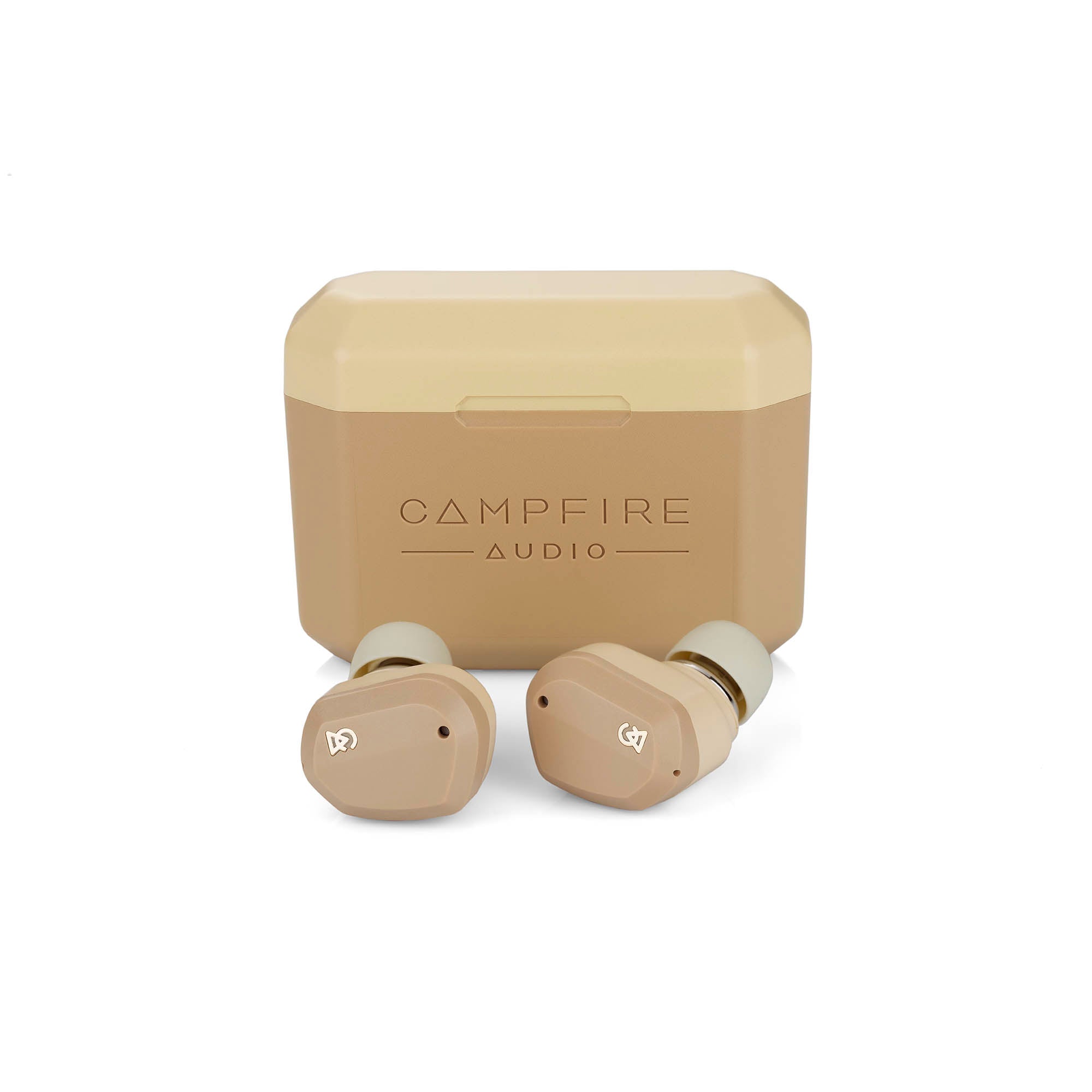 Campfire Orbit | True Wireless Earphones in beige with charging case on white background close-up view