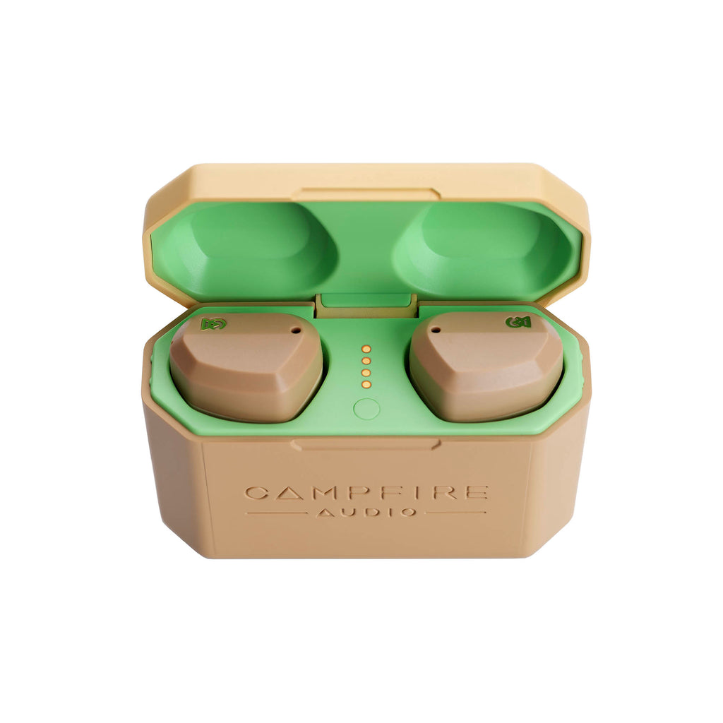Campfire Orbit | True Wireless Earphones in beige and green charging case with LED battery indicators on white background